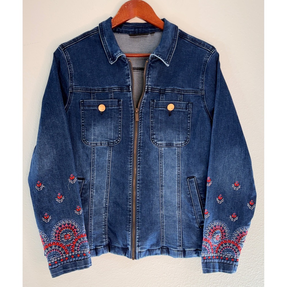 DG2 Diane Gilman Denim Jacket Boho Embroidered Cotton Blue Floral Festival Y2K L